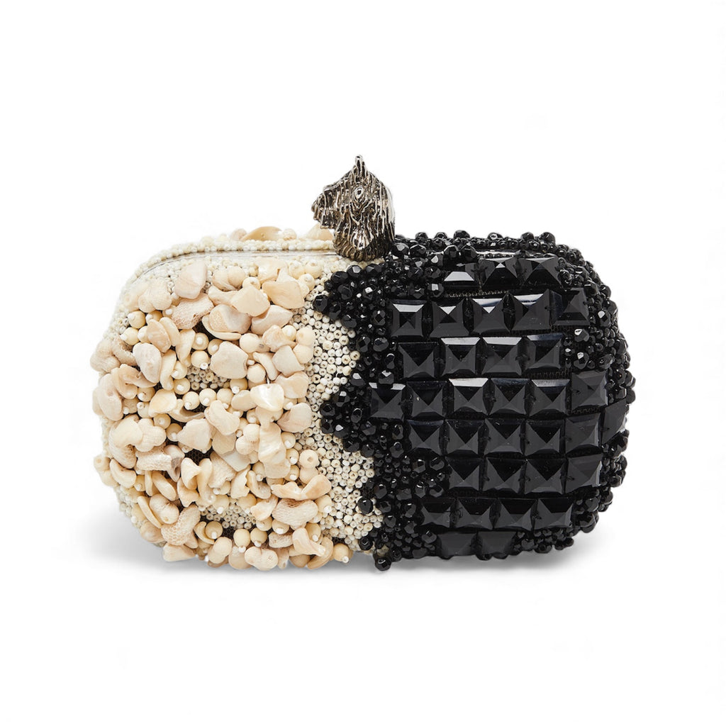 Alexander McQueen 2012 Black/Beige Beads Embellished Skull Box Clutch