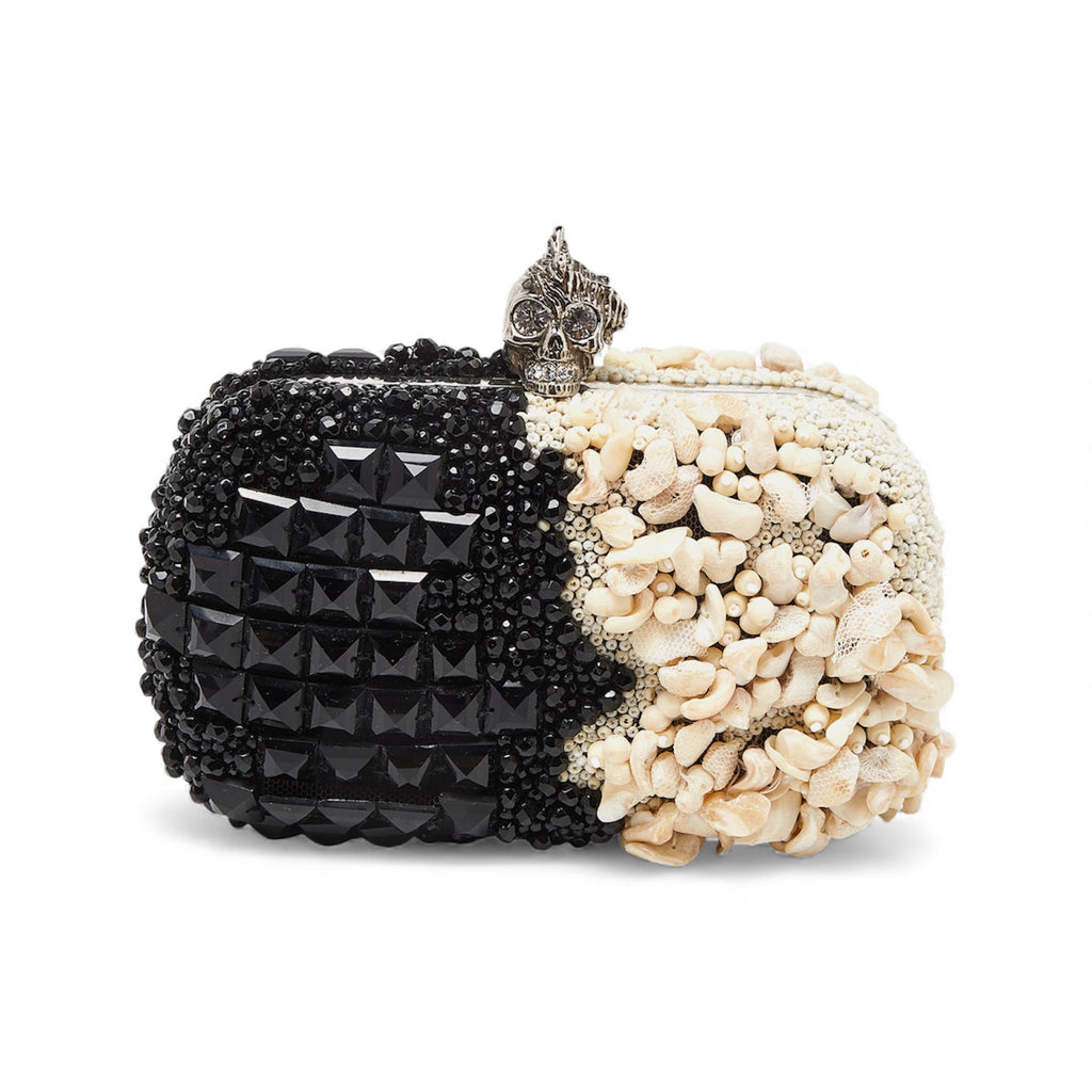 Alexander McQueen 2012 Black/Beige Beads Embellished Skull Box Clutch